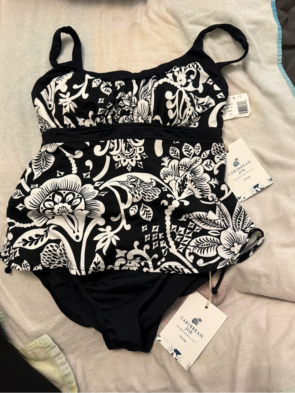 Caribbean Joe Black & White Floral Tankini Set